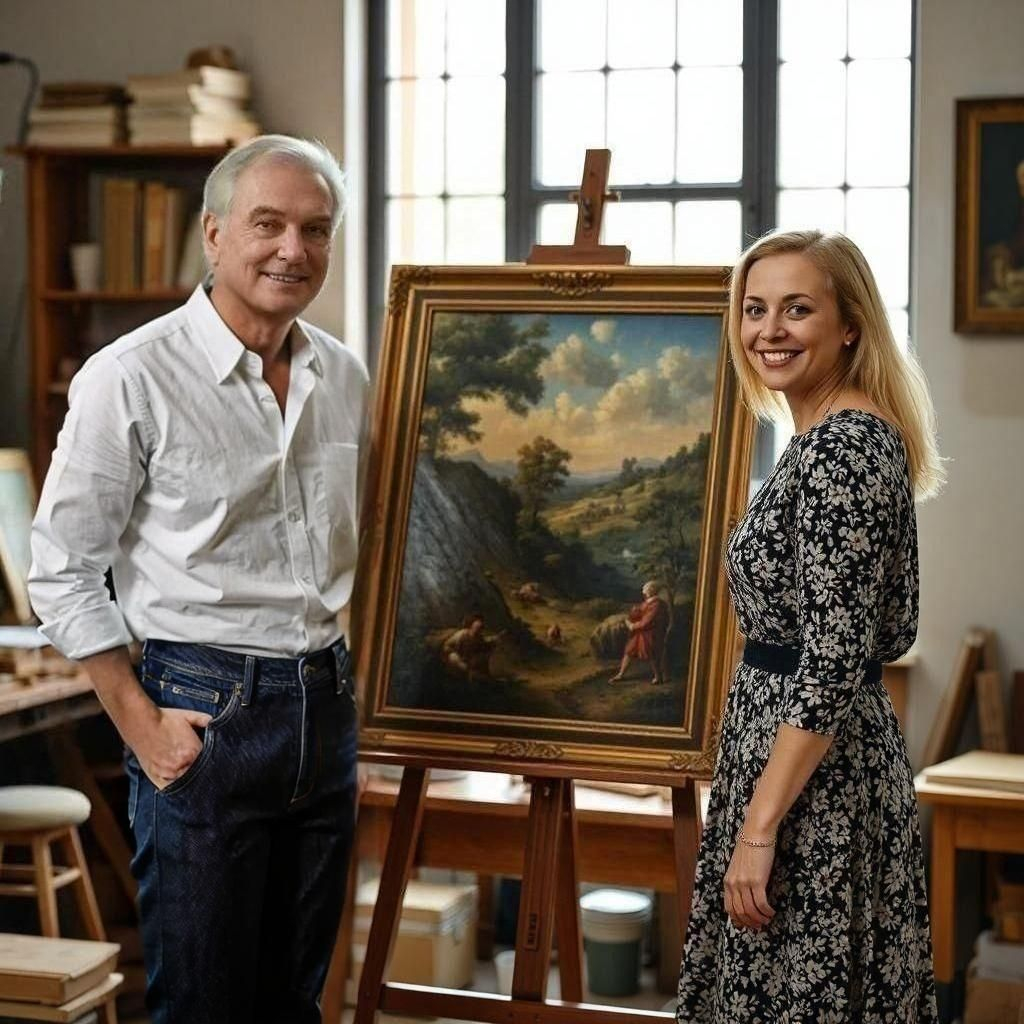 conservator patrice bertin with client oil painting conservator standing by his easel and a lady client