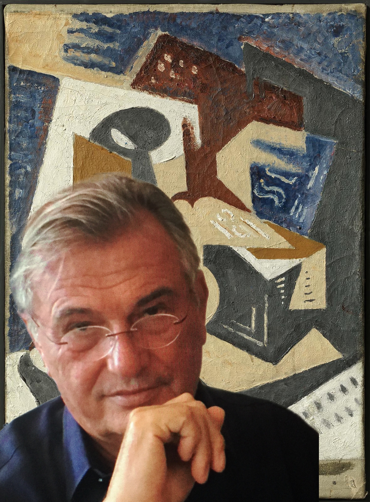 conservator Patrice Berlin in front of some abstract paintings he has worked on