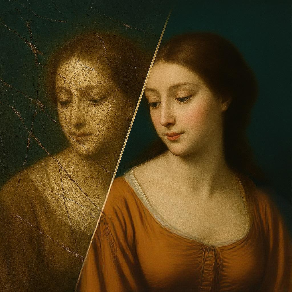 oil-painting-portrait-of-woman oil painting conservator standing by his easel and a lady client